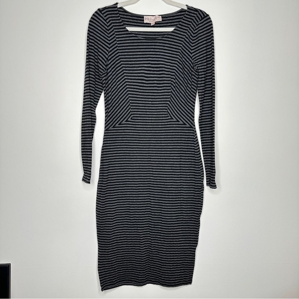 Philosophy Black Gray Striped Bodycon Long Sleeve‎ Rayon Stretch Dress